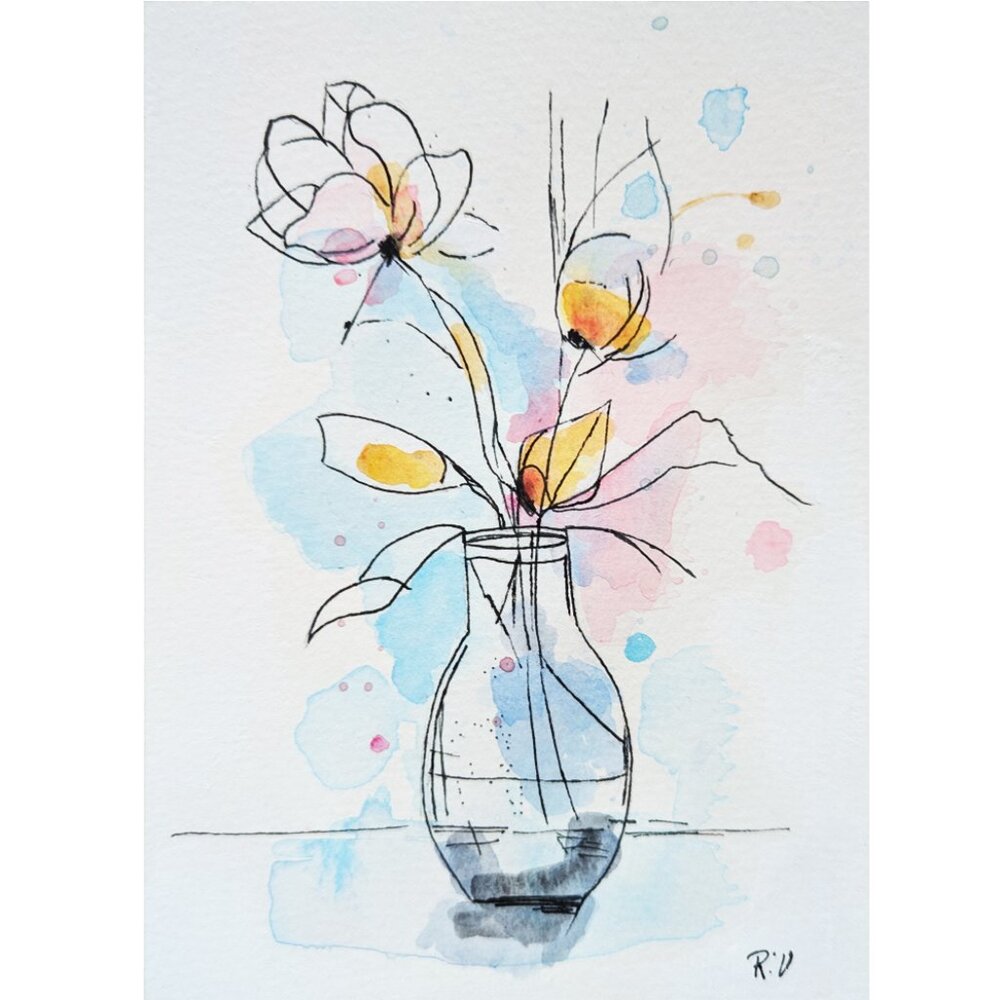 Floral in Vase Original Painting on Watercolor Paper